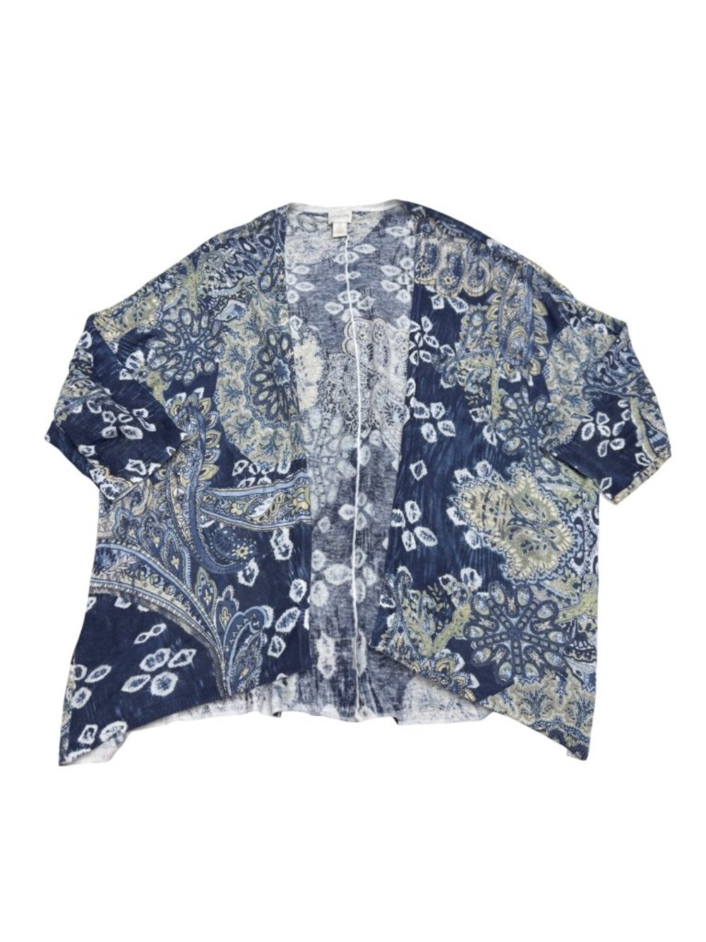 Chico's Women's Linen Blend Open-Front Cardigan Paisley Pattern 3/4 Sleeves Sz 2